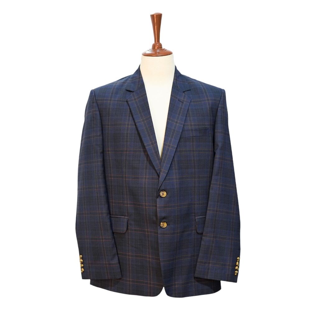 Mens Cotton Sport Coat 44R Blue Brown Plaid Blazer 2Btn Wedding Formal Preppy